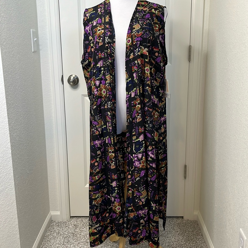 NWT LuLaRoe Joy Vest XL 18-20 Black Folk Art Botanical Long Duster Kimono